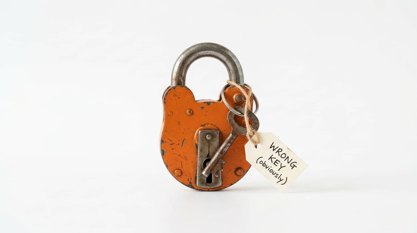 Orangefarbenes Vorhängeschloss mit Schlüssel und Anhänger „WRONG KEY“