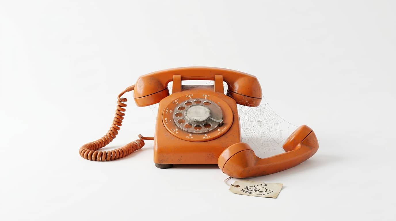 Altes, orangefarbenes Wähltelefon mit Staub, Spinnweben und schlafender Katze auf Schild