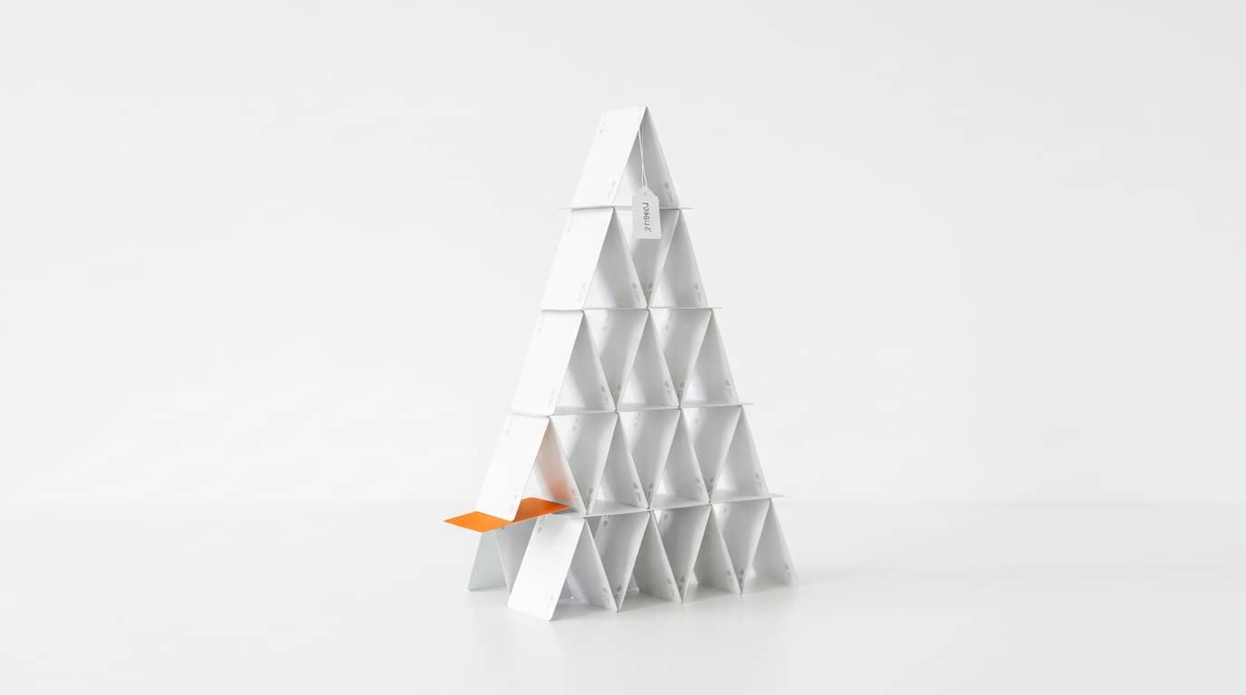 Kartenhaus aus weißen Spielkarten, mit einem orangefarbenen Blatt und einem „Fragile“-Schild