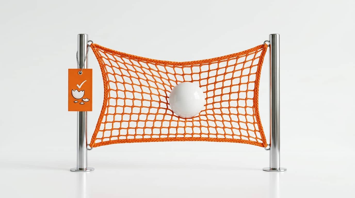 Weißer Ball im orangefarbenen Sicherheitsnetz zwischen zwei Chrompfosten. Ein Anhänger am Pfosten