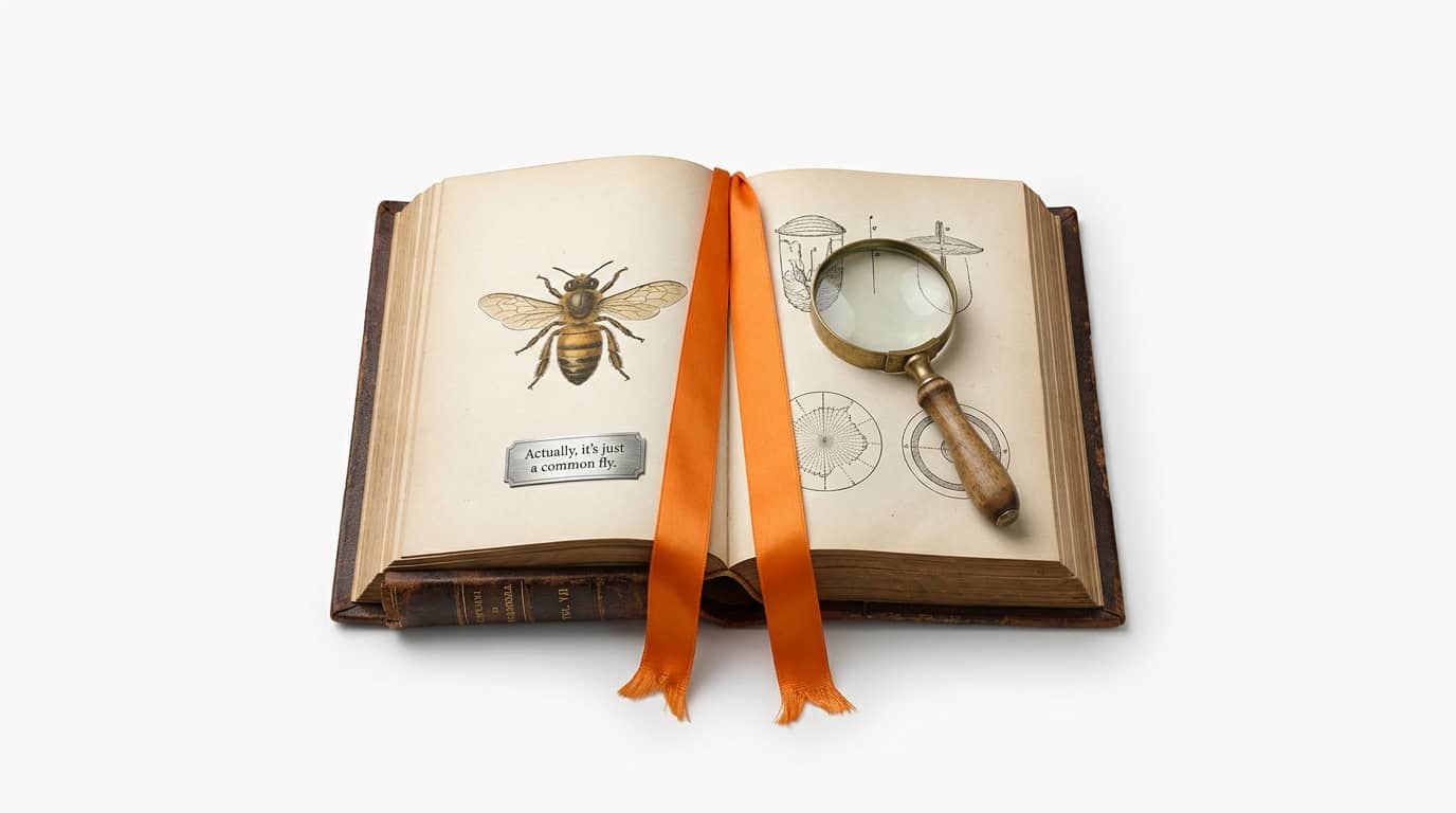 Altes Buch mit Bienenzeichnung, Lupe, orangem Band und Textschild auf weißem Grund
