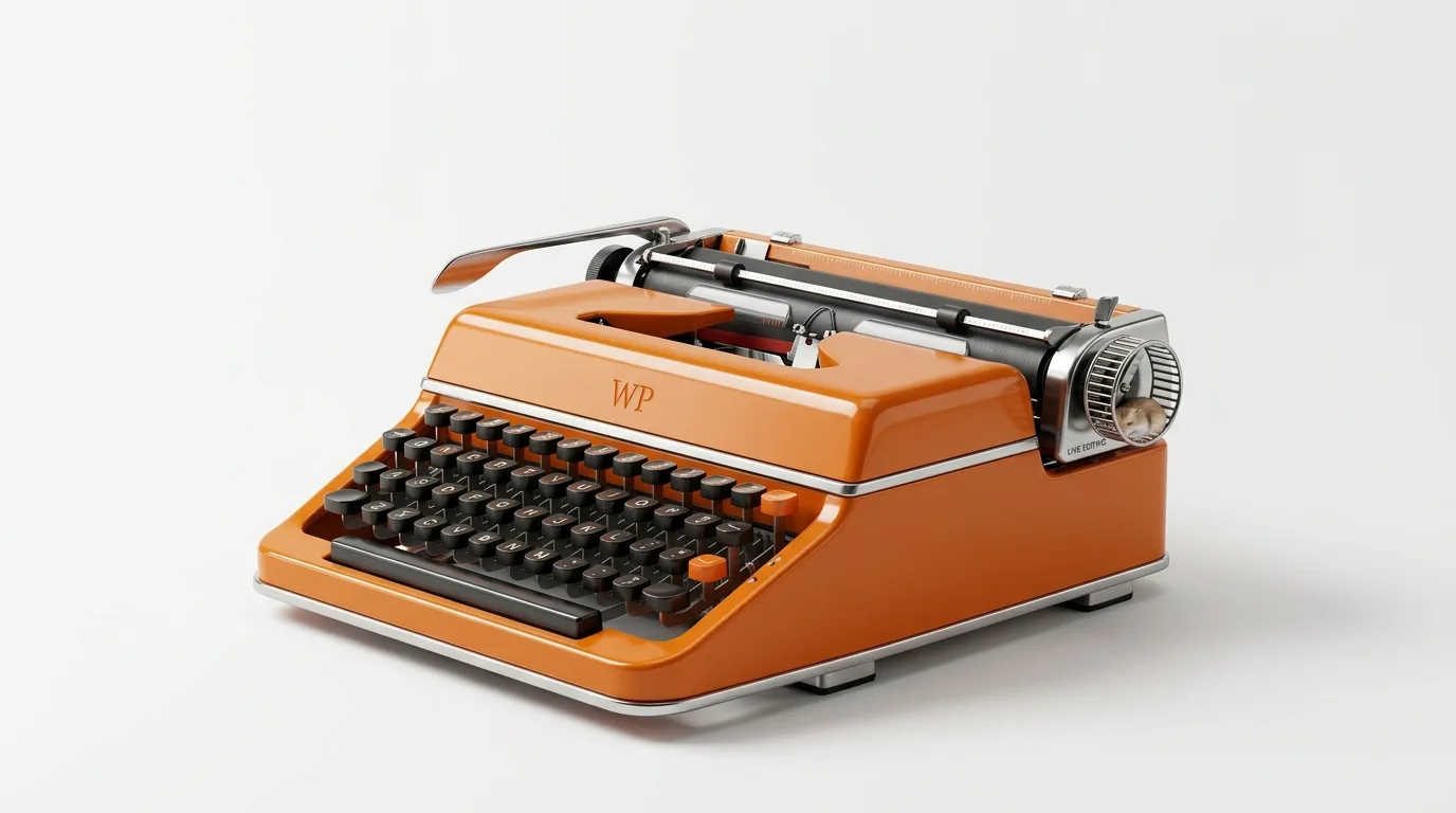 Orange Schreibmaschine auf weißem Grund mit Hamster in seitlichem Laufrad