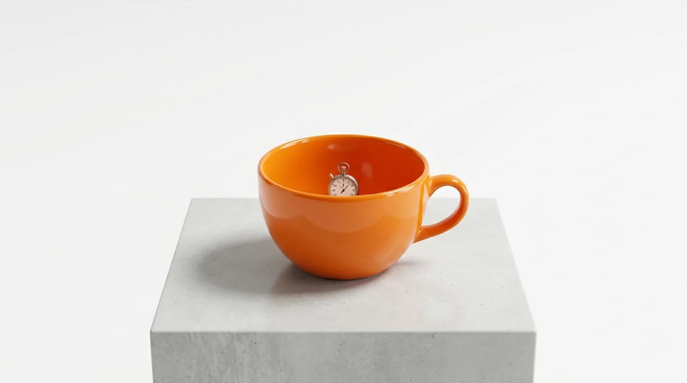 Orangefarbene Tasse mit Taschenuhr auf Betonblock vor weißem Grund