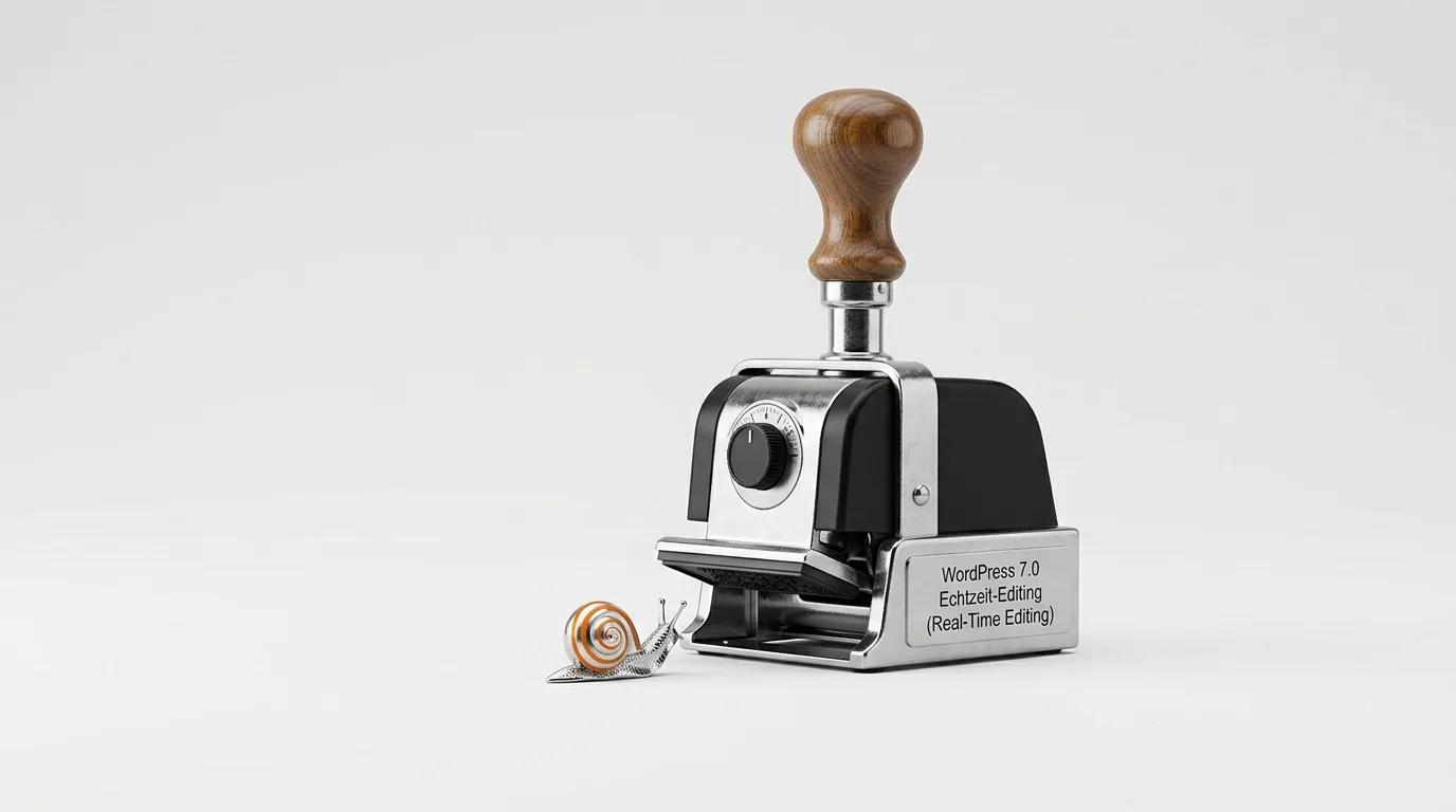 Stempel mit WordPress-Aufschrift und eine Schnecke auf weißem Hintergrund