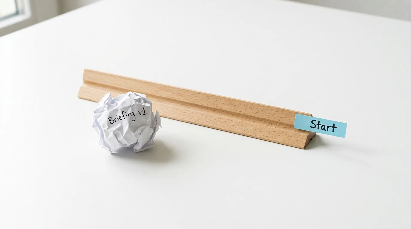 Zerknülltes Papier, Holzleiste und Zettel mit Aufschrift auf weißem Tisch