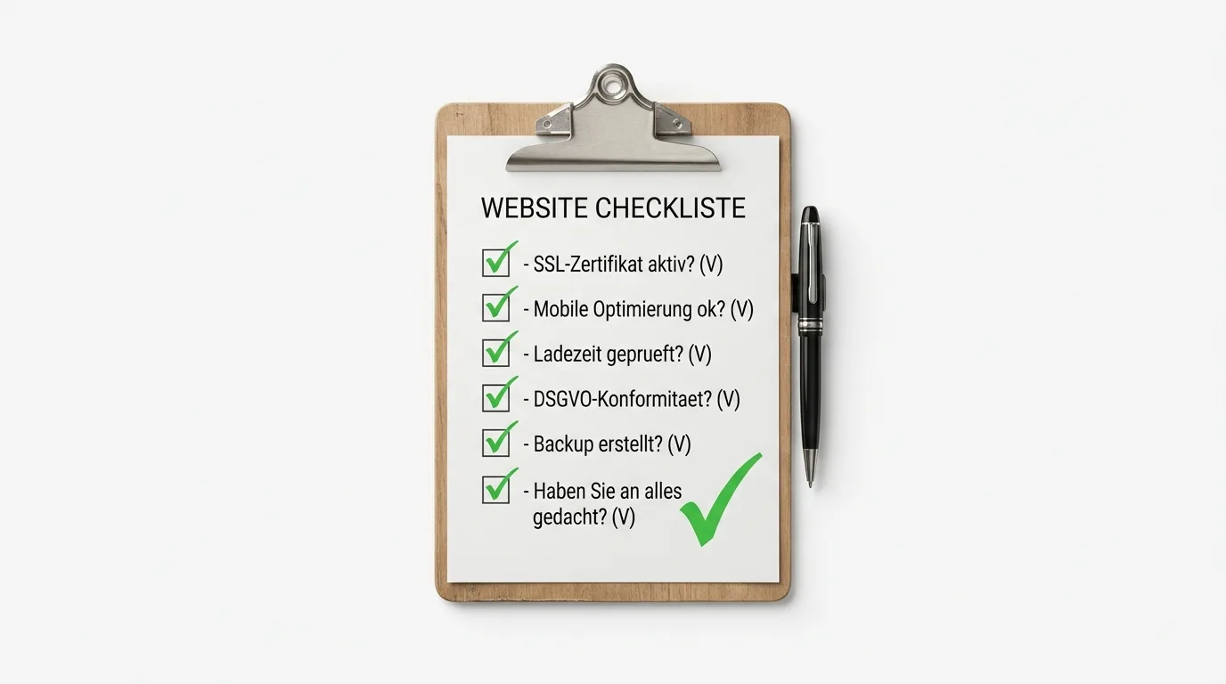 Klemmbrett mit deutscher Website-Checkliste und Kuli, komplett abgehakt