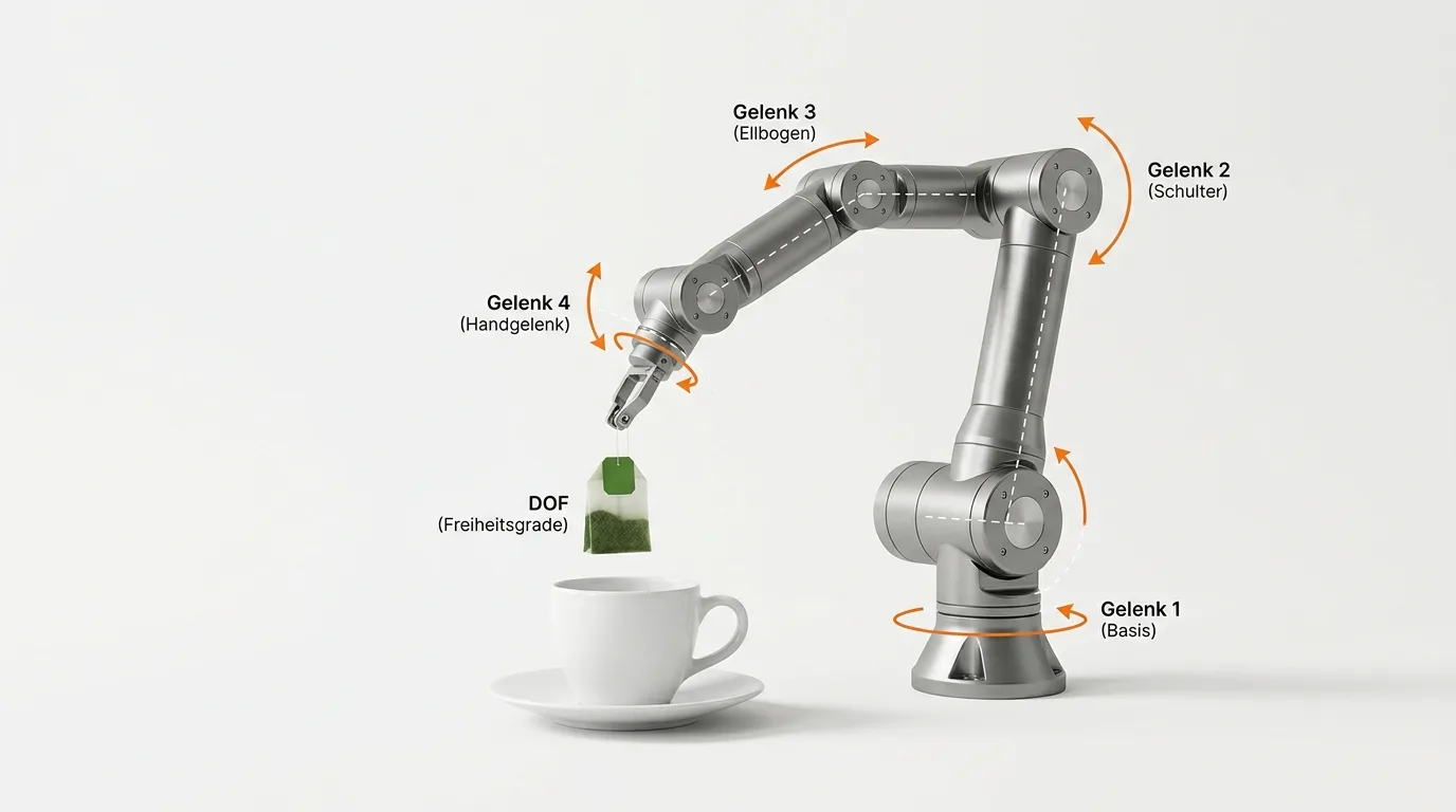 Roboterarm mit beschrifteten Gelenken und Bewegungsachsen, der einen Teebeutel in eine Tasse hält
