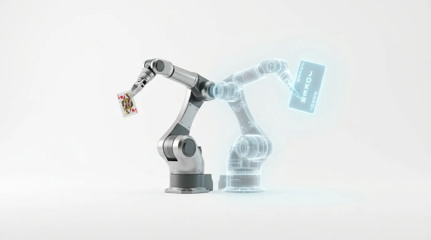 Roboterarm mit Herz-König-Karte und ein blaues, transparentes Hologramm desselben Arms mit Joker