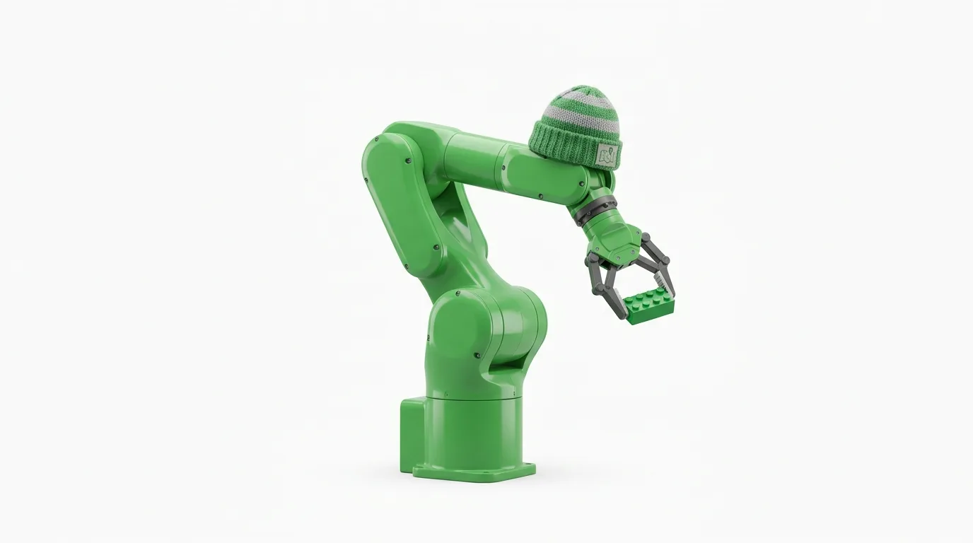 Grüner Roboterarm mit Mütze hält einen Legostein vor weißem Hintergrund