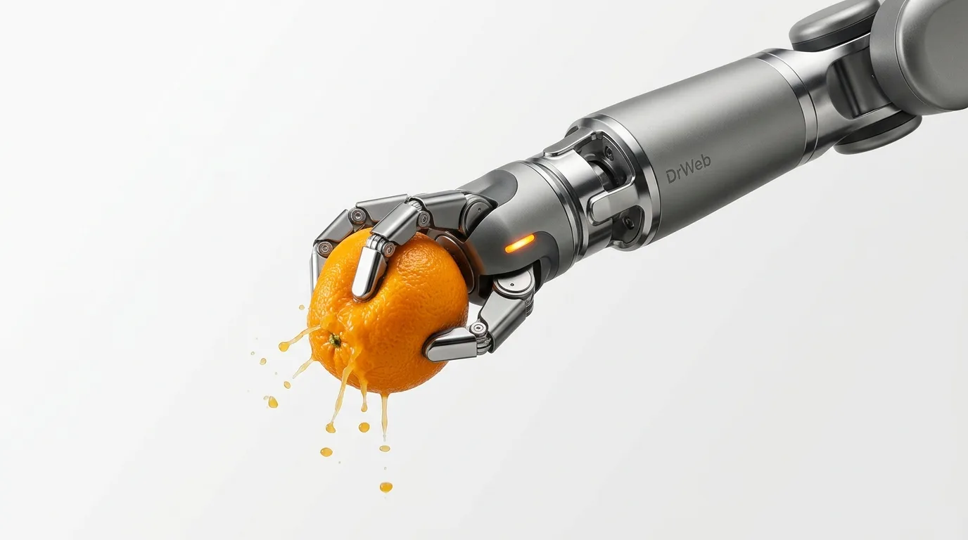Roboterarm drückt eine Orange aus; Saft tropft auf weißen Hintergrund. Logo