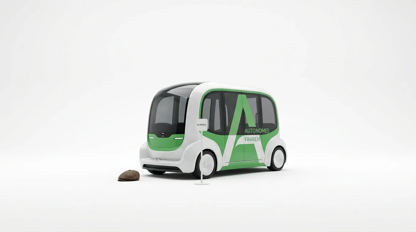 Weißer, autonomer Bus mit grünem Logo auf weißem Grund und einer Schiebermütze davor