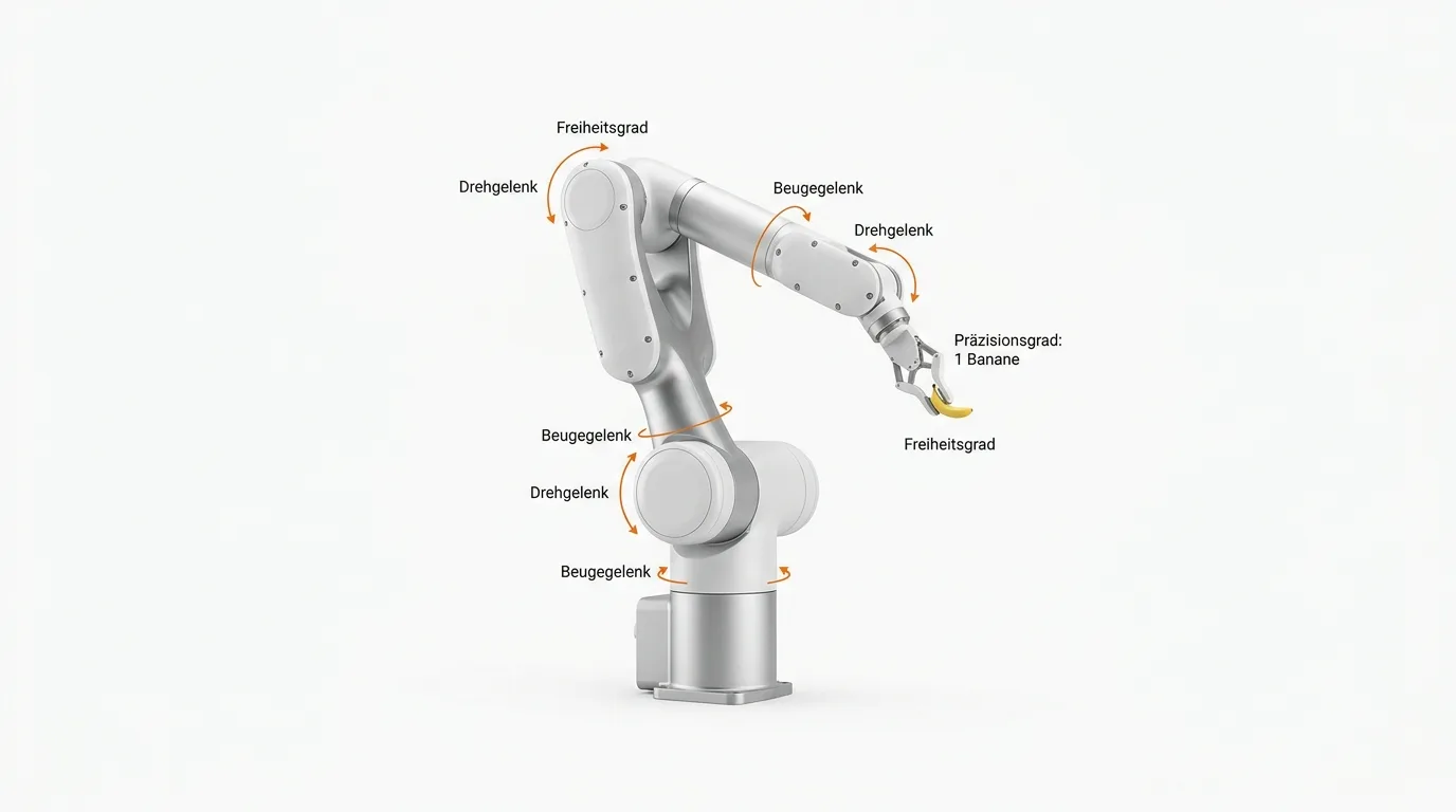 Roboterarm mit Gelenk- und Freiheitsgradbeschriftungen hält eine Banane, isoliert auf Weiß