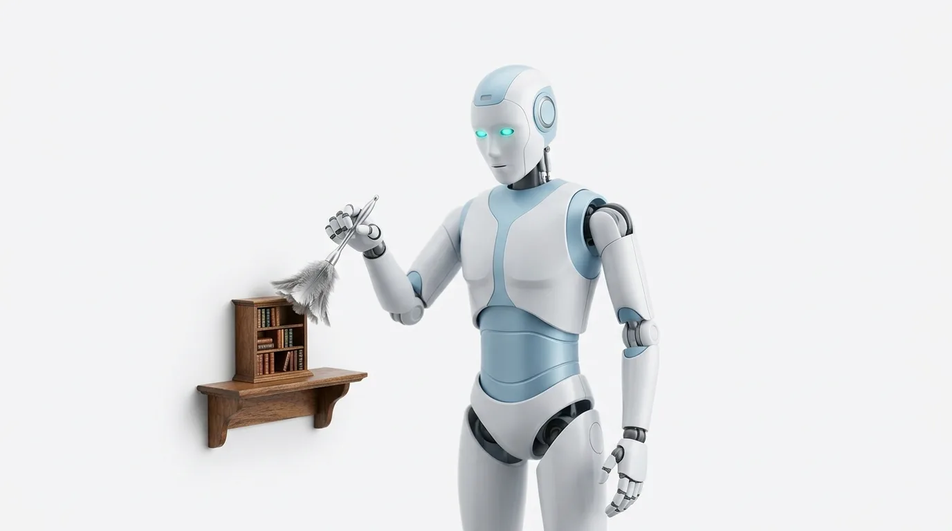 Ein humanuider Roboter entstaubt ein Miniatur-Bücherregal mit einem Staubwedel