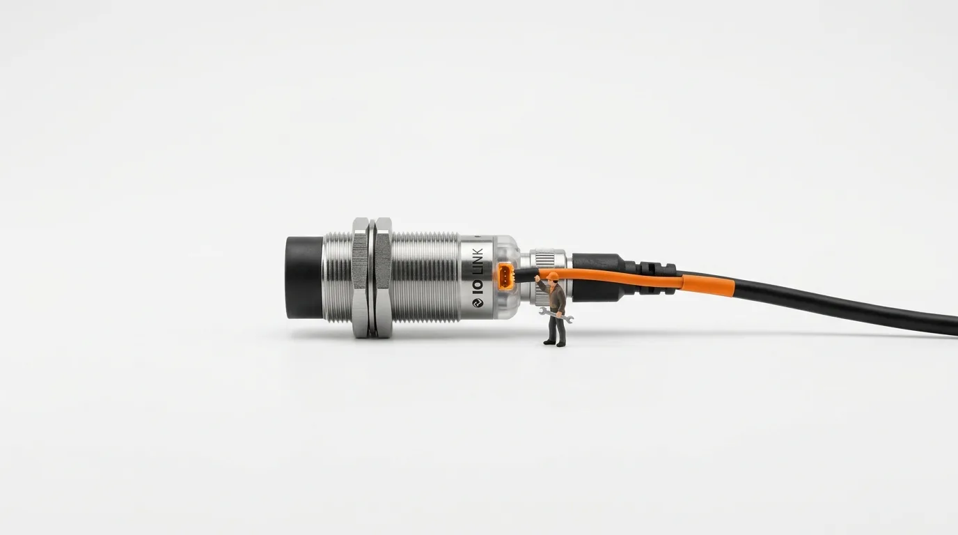 Industrieller IO-Link-Sensor mit angeschlossenem Kabel und einer Miniatur-Arbeiterfigur davor