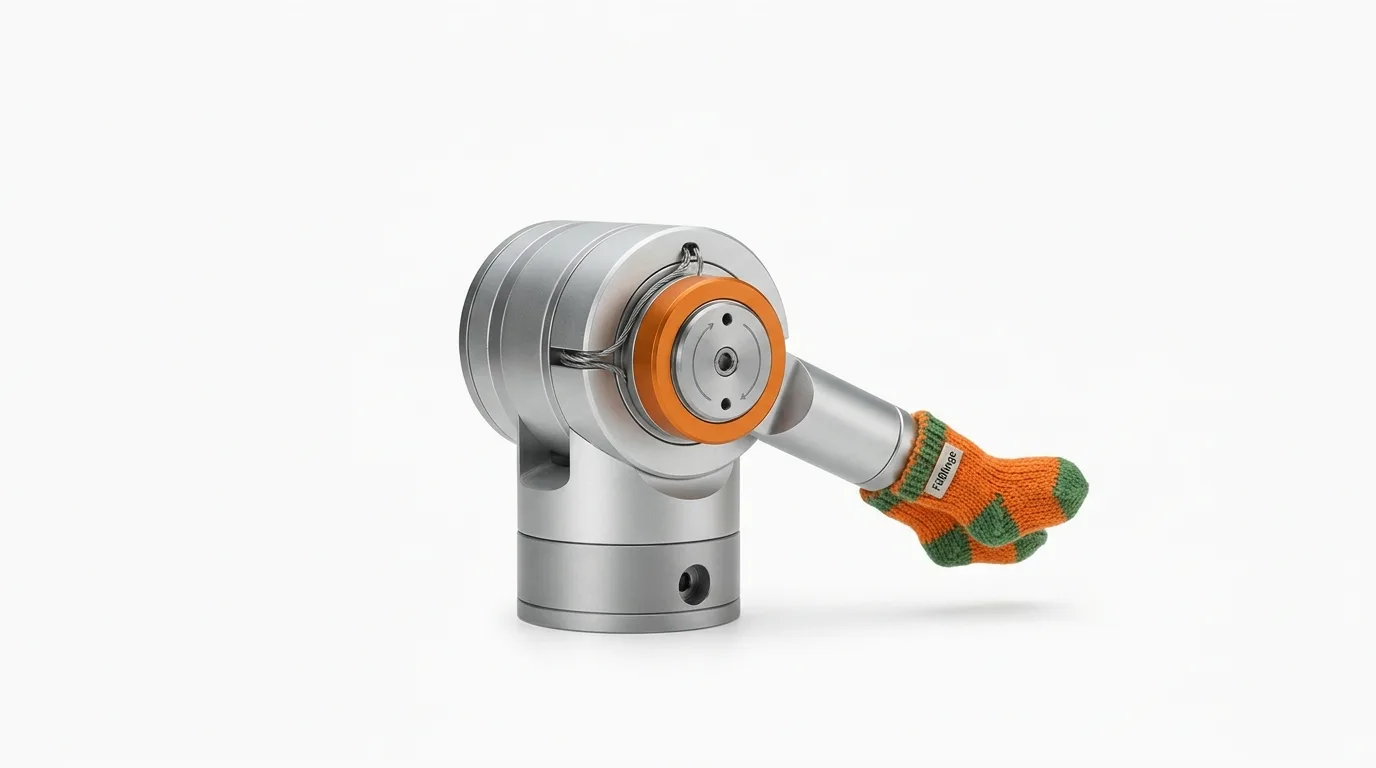 Industrieroboterarm mit orange-grün gestrickter Socke an einem Ende