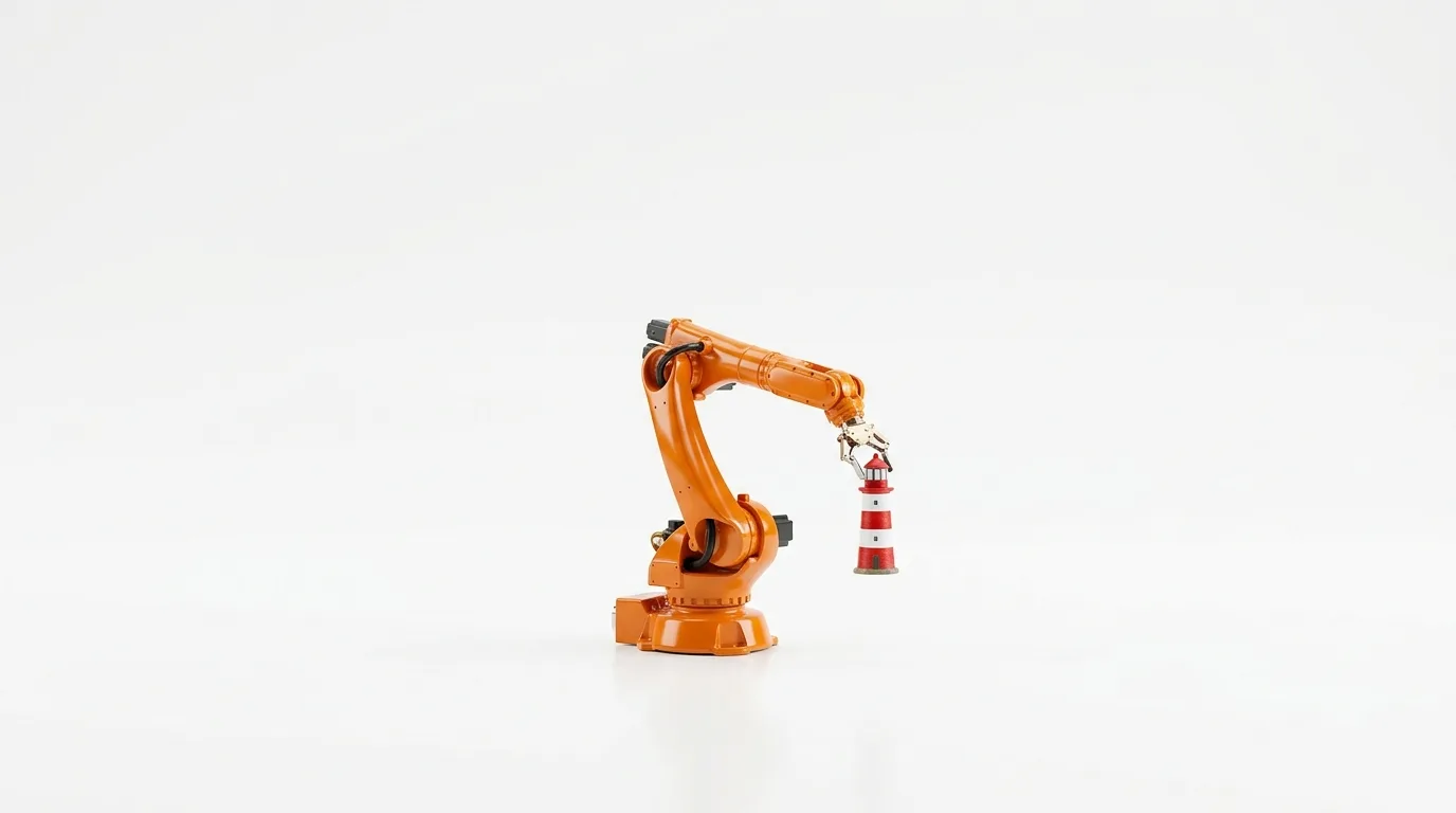 Ein oranger Roboterarm hält einen rot-weiß gestreiften Leuchtturm auf weißem Hintergrund