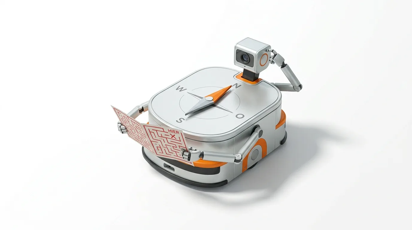 Roboter-Kompass mit Armen hält Labyrinth-Karte vor weißem Hintergrund