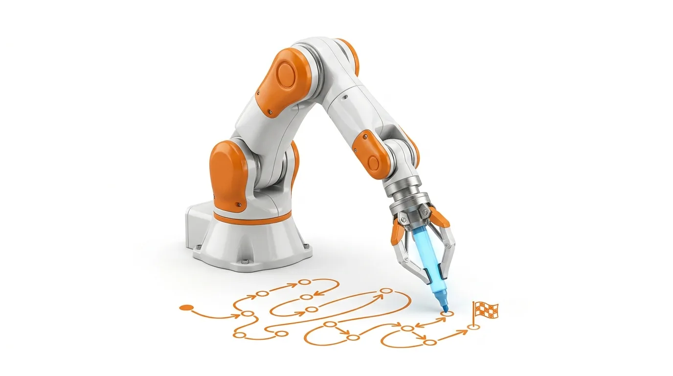 Roboterarm zeichnet einen Plan zu einem Ziel auf weißem Grund