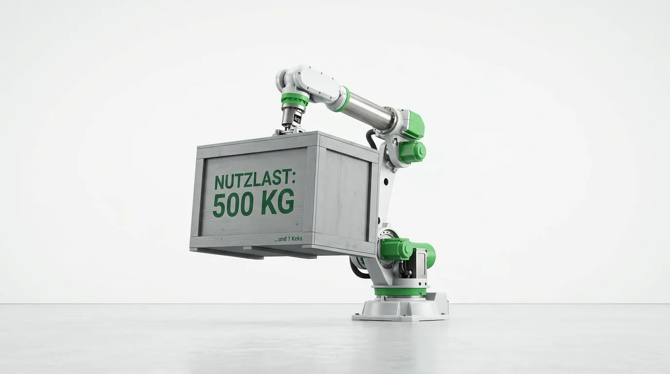 Industrieroboter hält eine Holzkiste mit Aufschrift: „NUTZLAST: 500 KG“