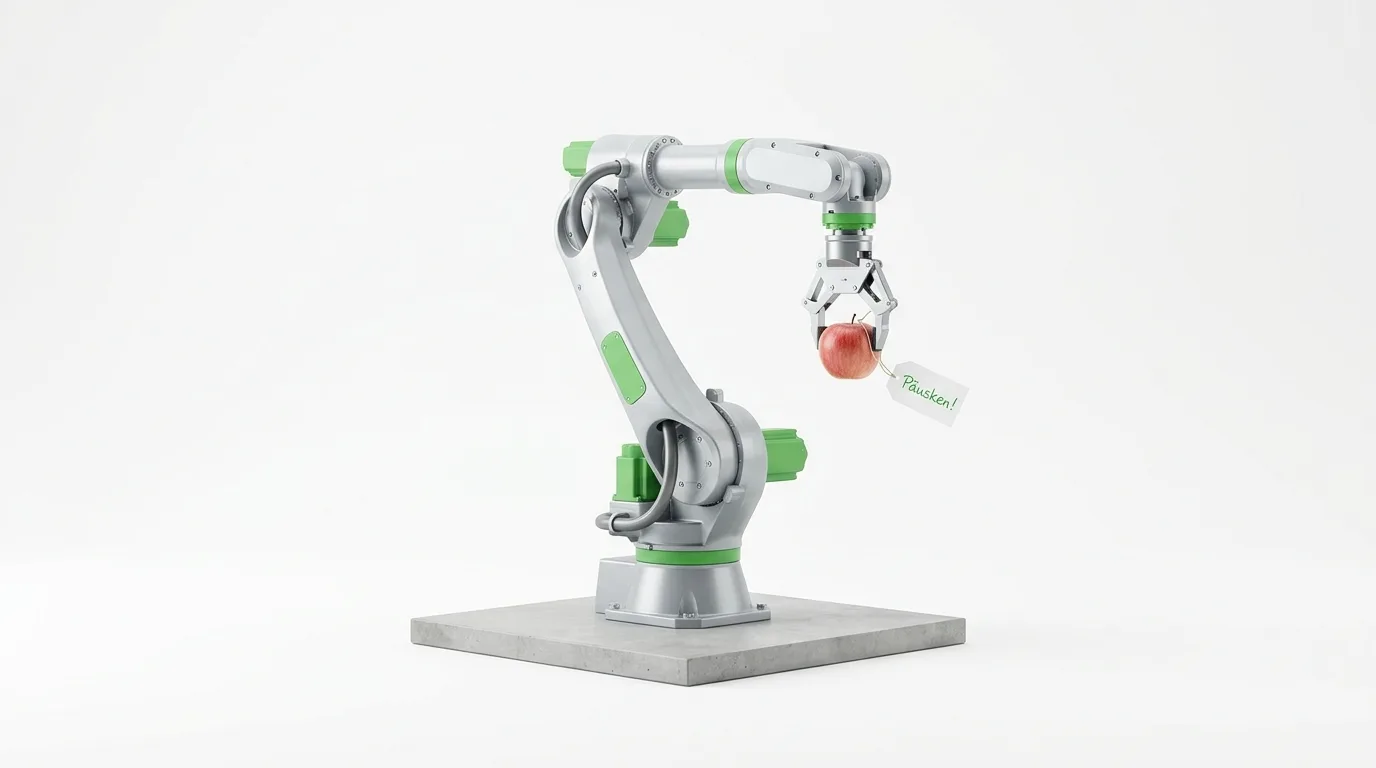 Industrieroboter hält Apfel mit Pausen-Schild
