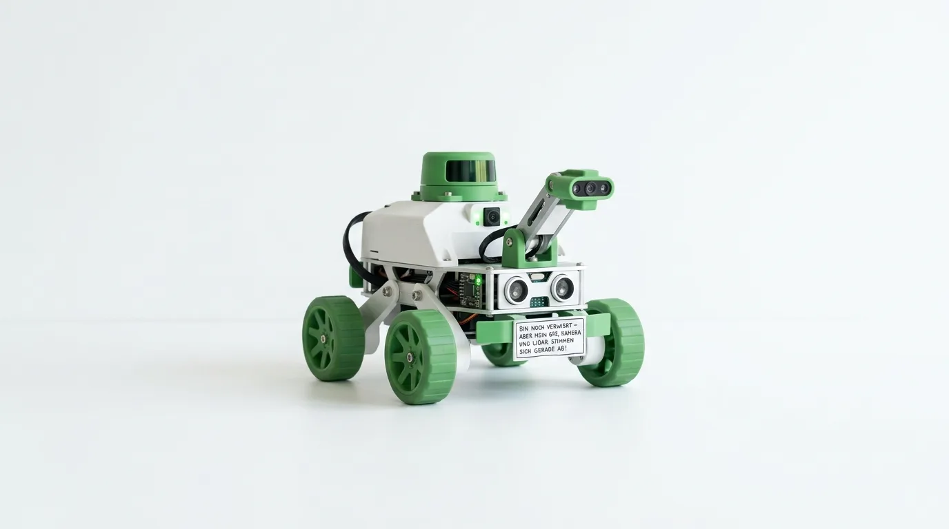 Kleiner Roboter mit LiDAR-Sensor, Kameras und Ultraschalltechnik auf weißem Untergrund