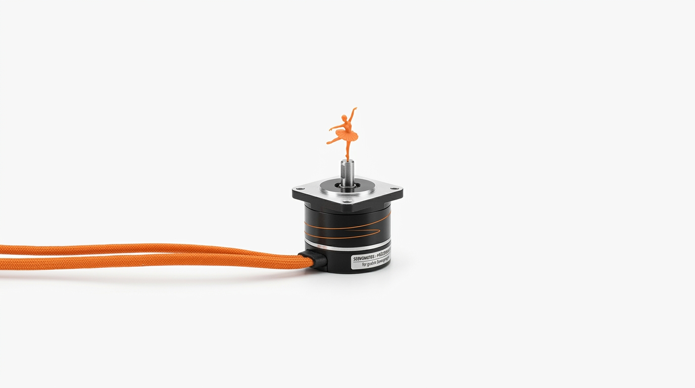 Servomotor mit orangefarbenem Kabel und Miniatur-Ballerina auf weißem Grund