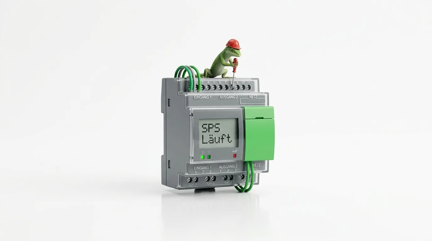Grüner Gecko mit rotem Helm und Schraubendreher auf einer SPS mit der Anzeige „SPS Läuft“