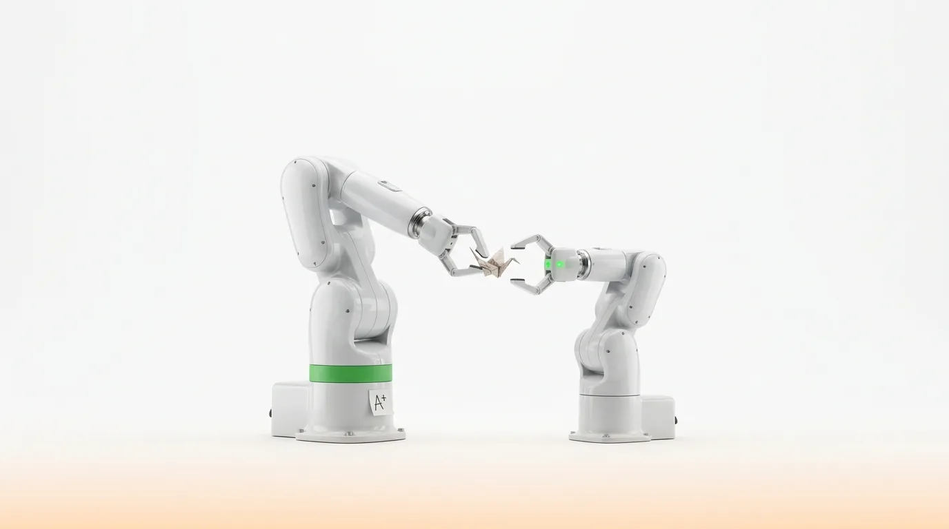 Ein großer und ein kleinerer Roboterarm halten gemeinsam einen Origami-Kranich