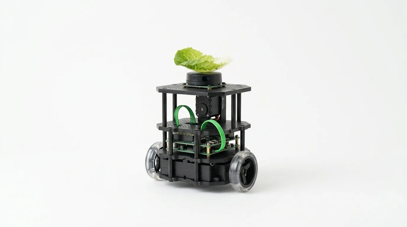 Kleiner zwei-rädriger DIY-Roboter mit Salatblatt auf dem Kopf vor weißem Hintergrund