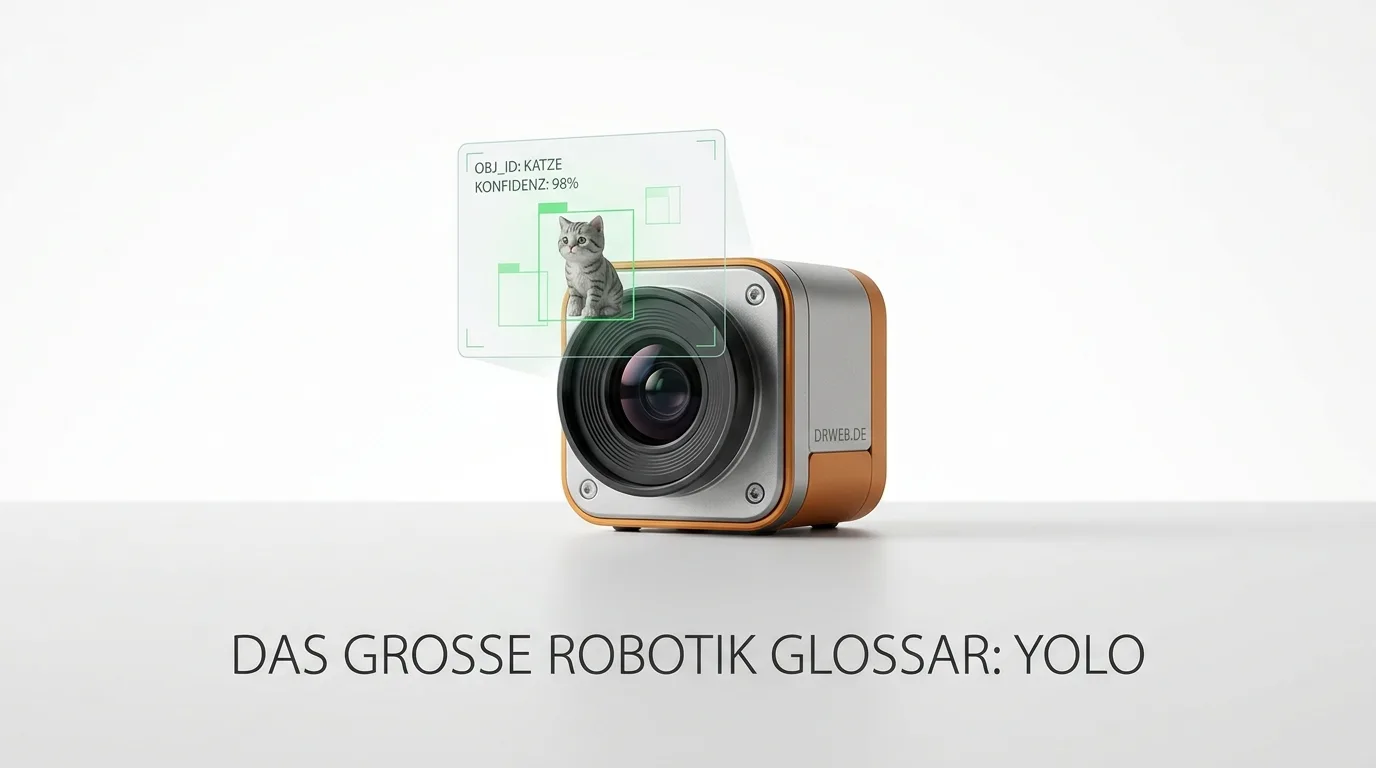 Industriekamera auf weißem Grund mit AR-Katzen-Erkennung. Text: Das große Robotik Glossar: YOLO