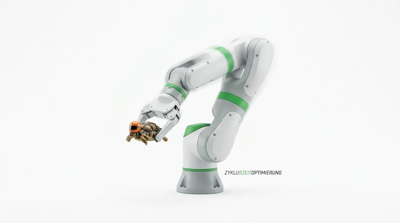 Roboterarm mit einer Schildkröte mit Helm und dem Text: ZYKLUSZEITOPTIMIERUNG
