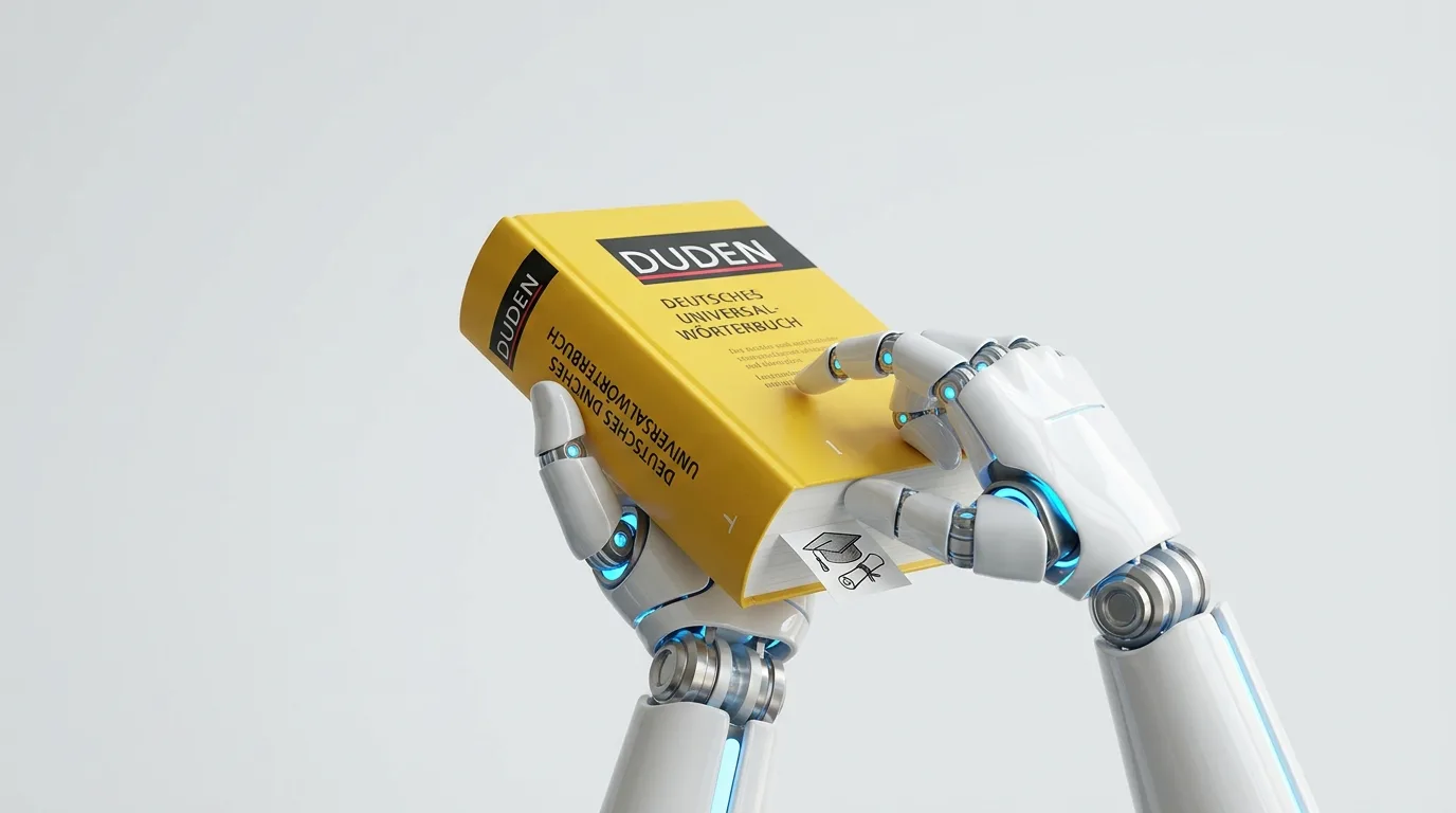 Roboterhände halten ein gelbes Duden-Wörterbuch mit Lesezeichen