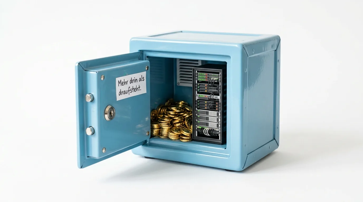 Offener Safe mit Goldmünzen und Server-Rack. Notiz auf der Tür
