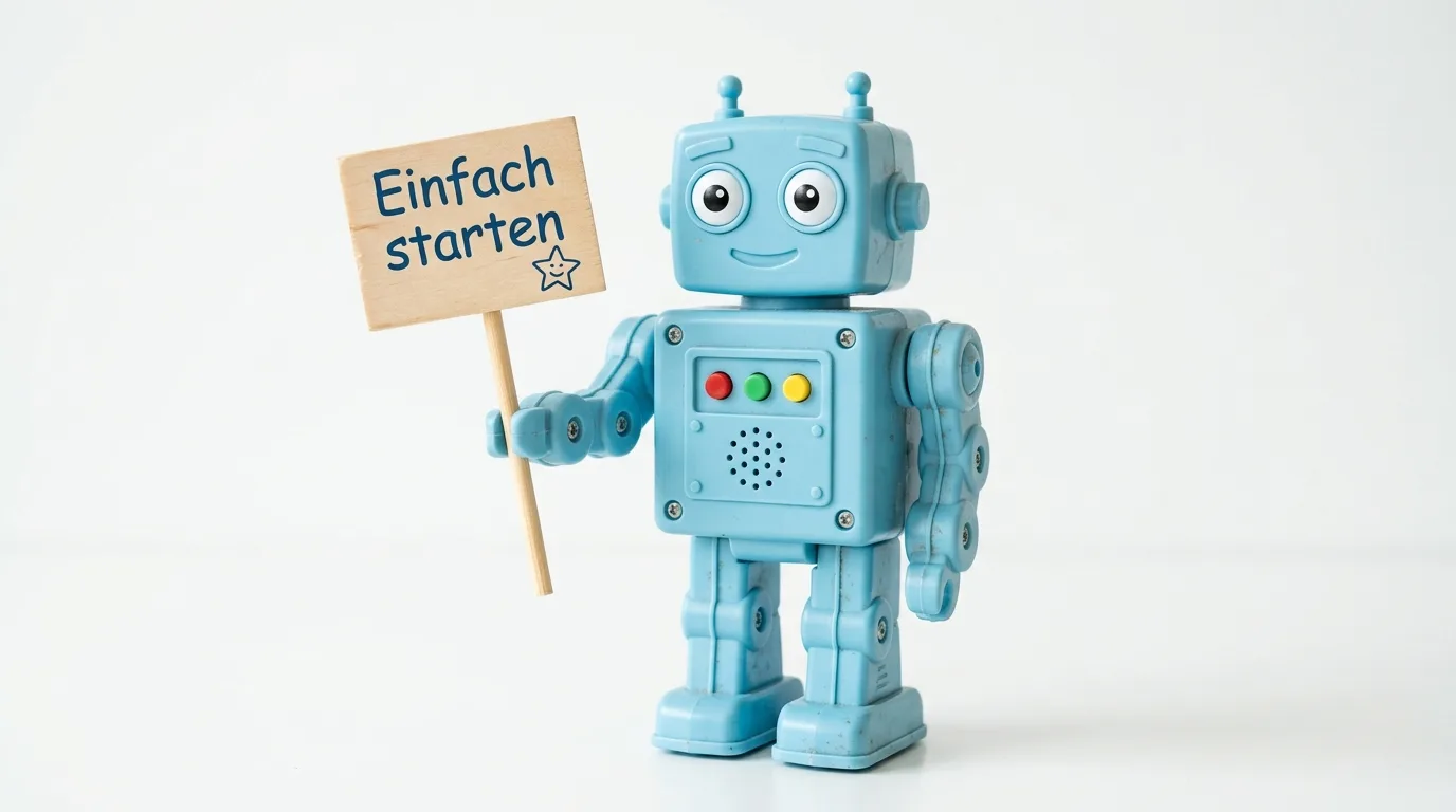 Blauer Spielzeugroboter hält Holzschild mit Text „Einfach starten“ auf weißem Grund
