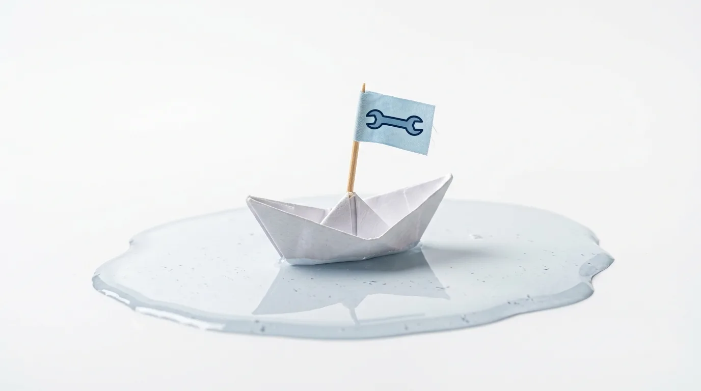 Papierschiffchen in einer Wasserpfütze mit hellblauer Flagge, darauf ein Werkzeugschlüssel
