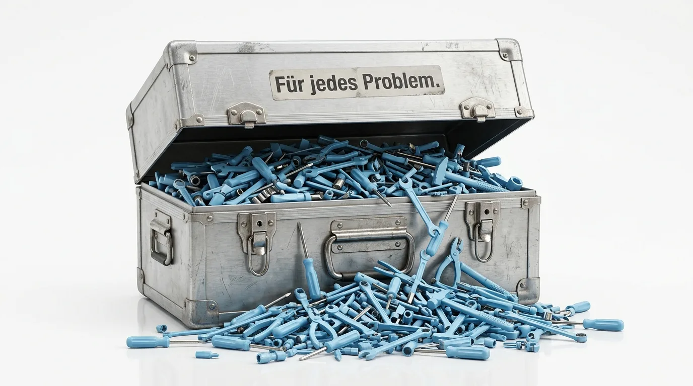 Offener Metallkoffer, gefüllt mit blauen Werkzeugen, beschriftet:
