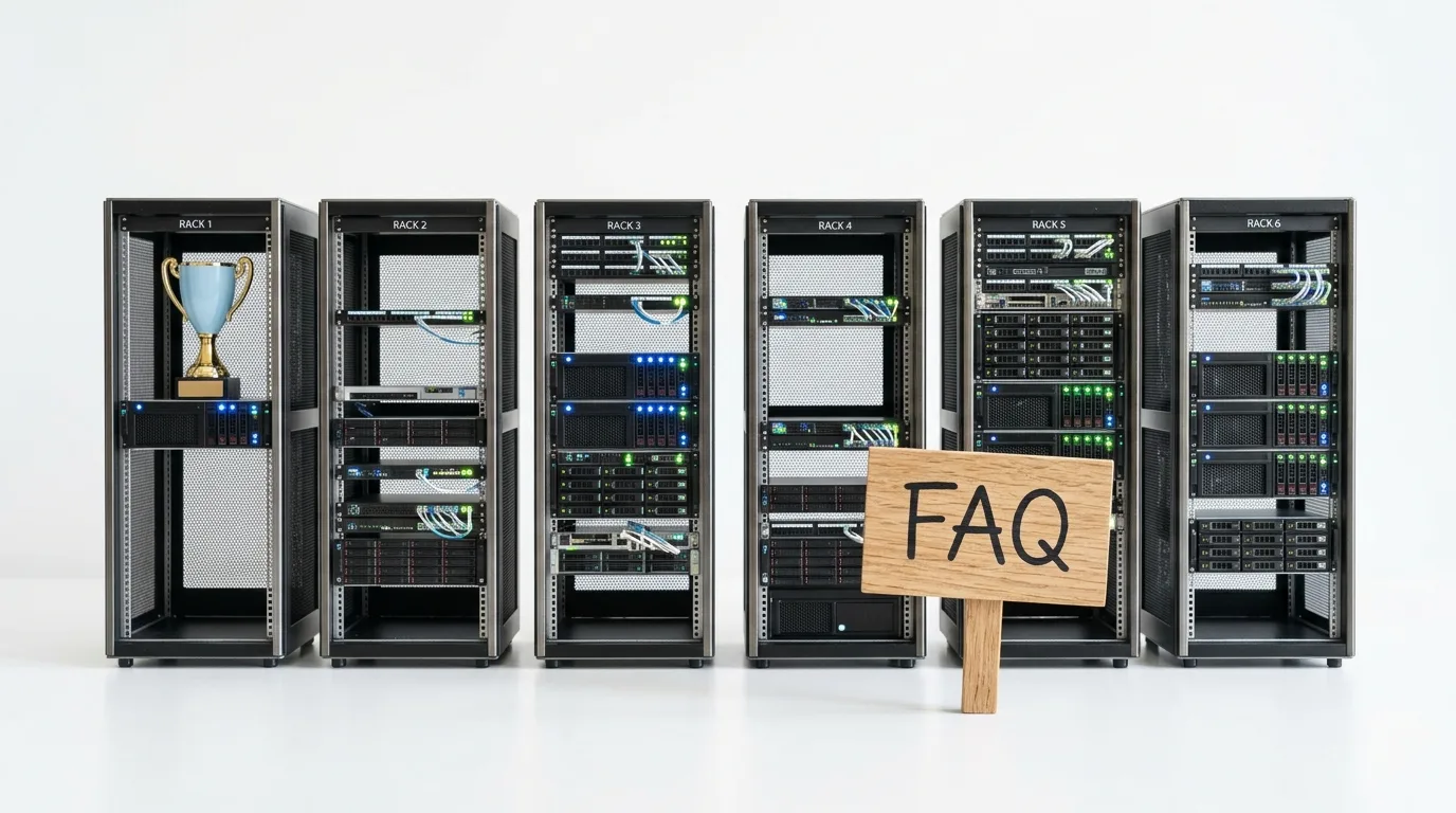 Sechs Serverracks (RACK 1–6) mit Pokal in RACK 1 und einem FAQ-Schild davor