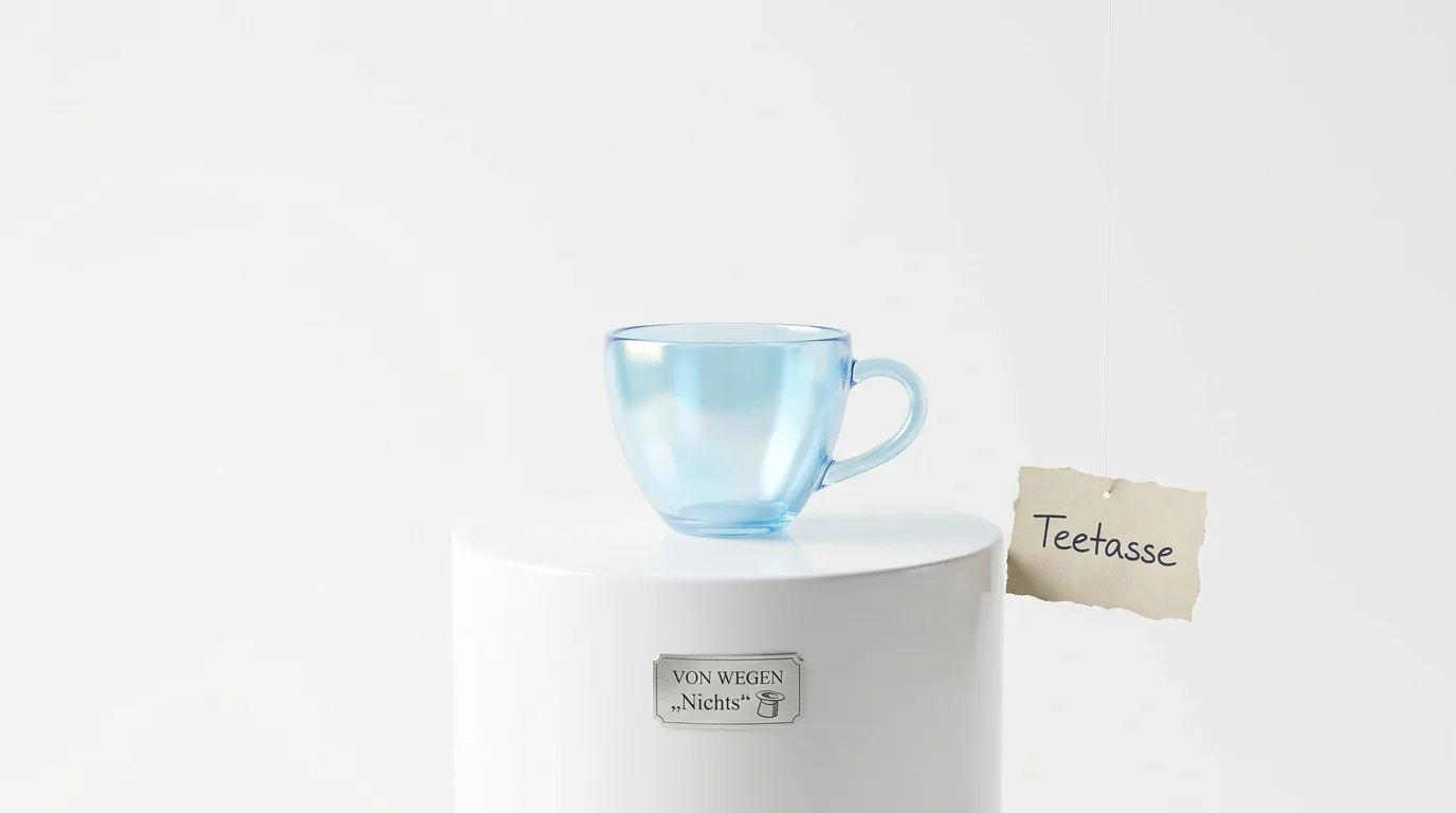 Blaue Glastasse auf weißem Sockel mit Schild, daneben Zettel mit Aufschrift