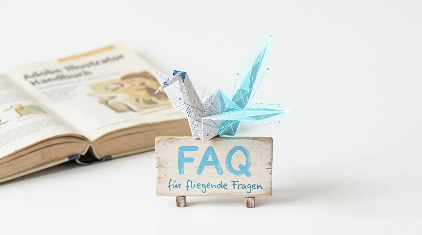 Papierkranich, teils digital, auf Holzschild „FAQ“ vor einem offenen Buch, weißer Hintergrund