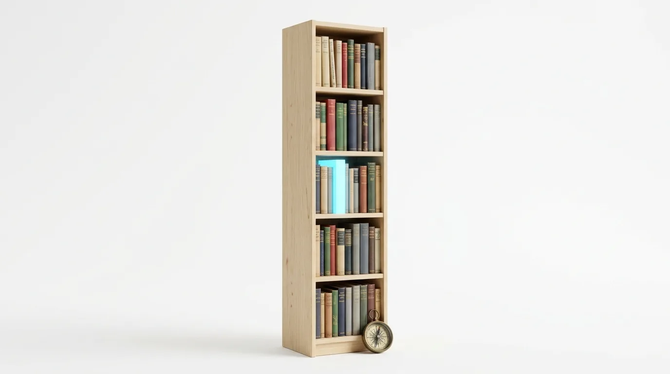 Hölzernes Bücherregal mit blau leuchtendem Buch und Kompass davor