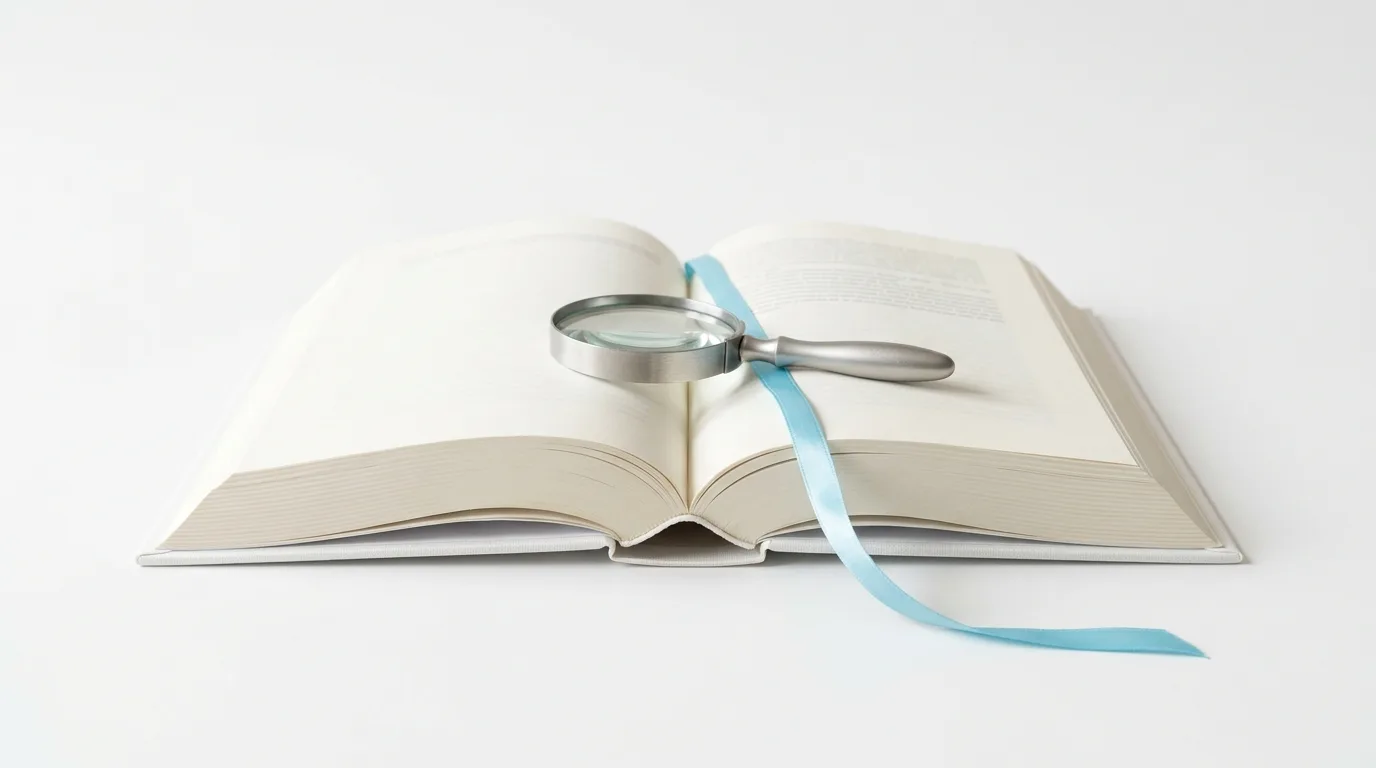 Aufgeschlagenes Buch mit Lesebändchen und einer Lupe darauf vor weißem Hintergrund