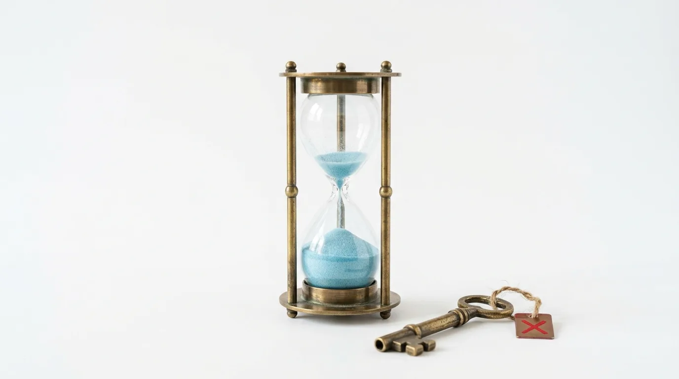 Sanduhr aus Messing mit blauem Sand und daneben liegender Schlüssel mit rotem X-Anhänger