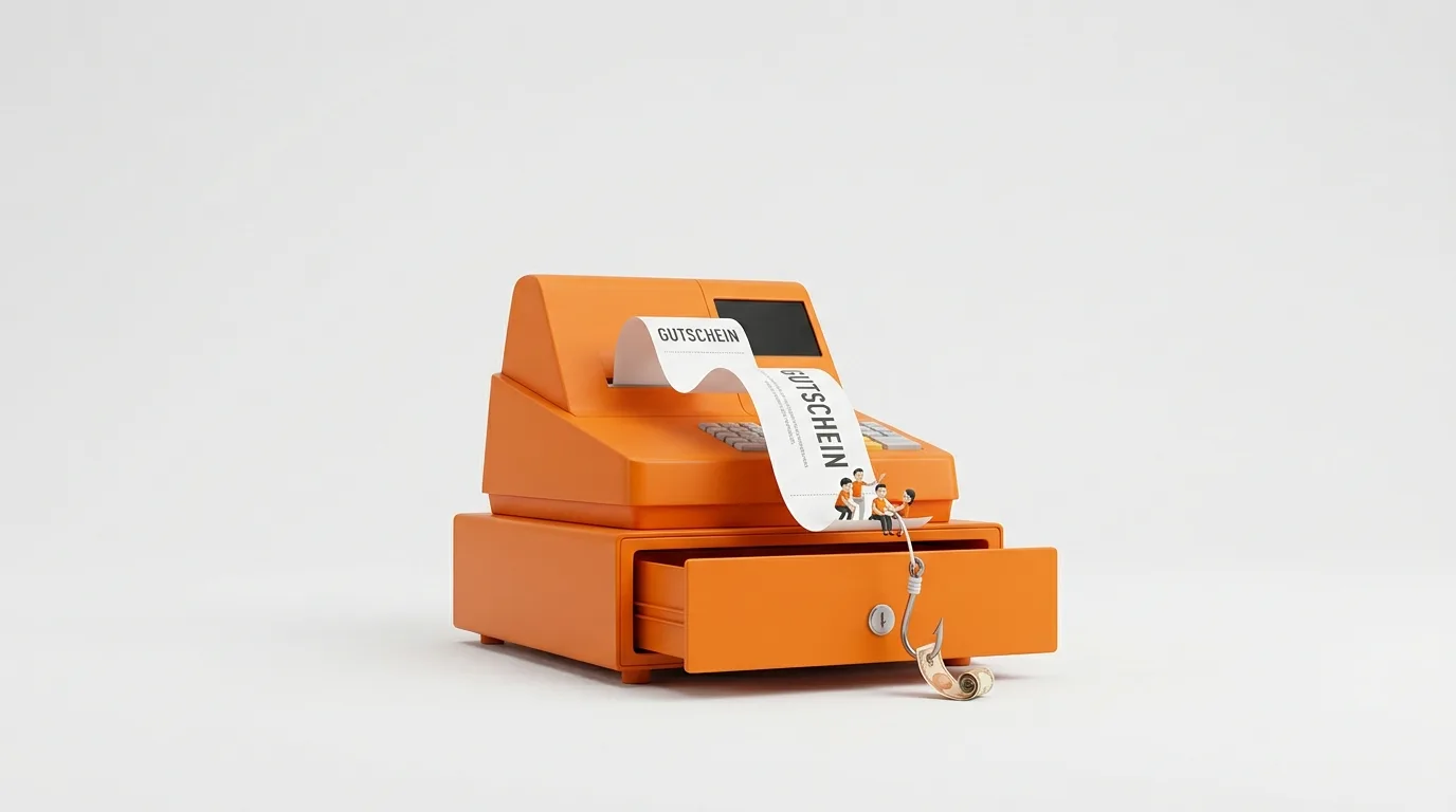 Orange Kasse mit Bonrolle (Aufschrift