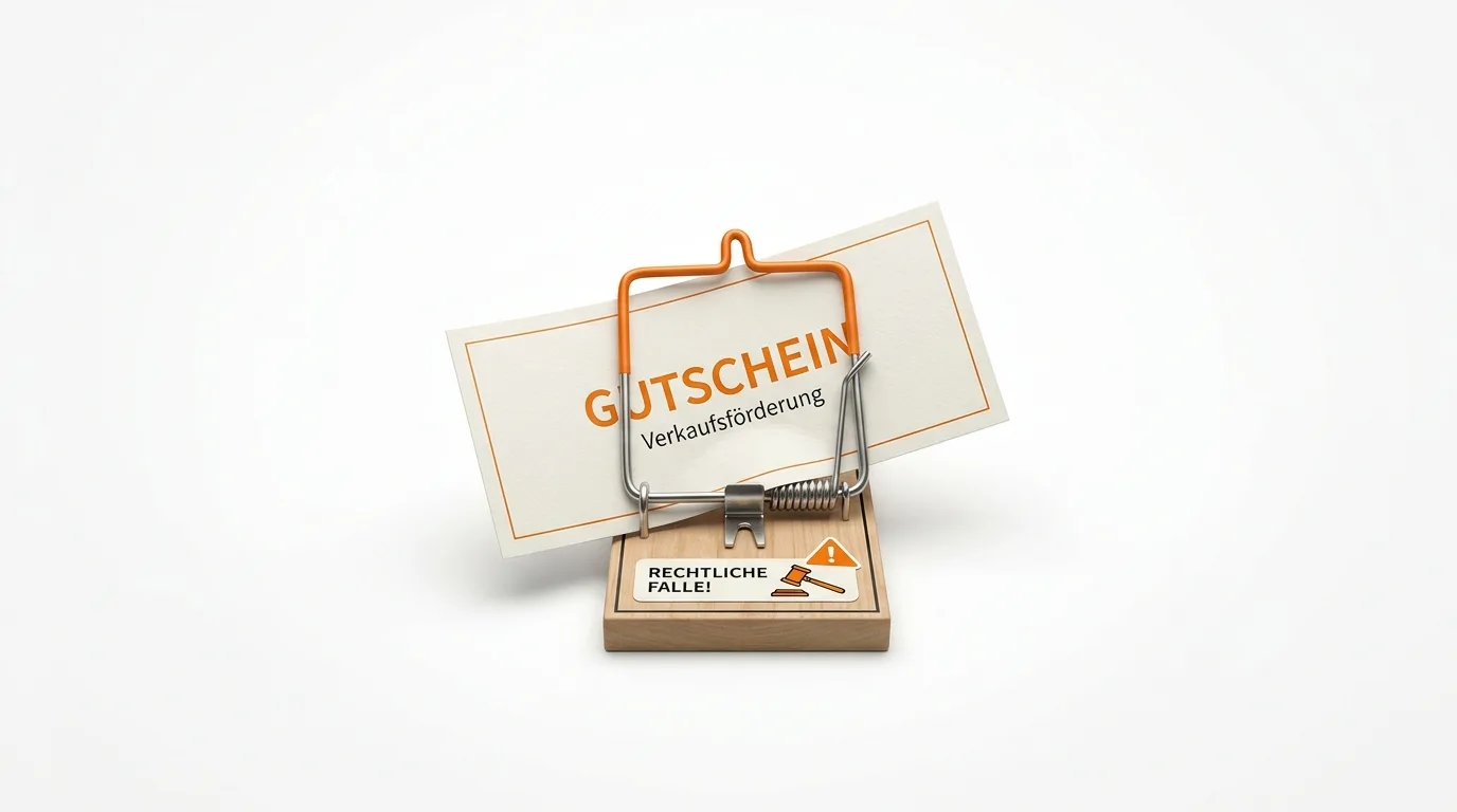 Mausefalle mit „GUTSCHEIN Verkaufstätigkeit“ in der Klemme. Sockel mit „RECHTLICHE FALLE!“