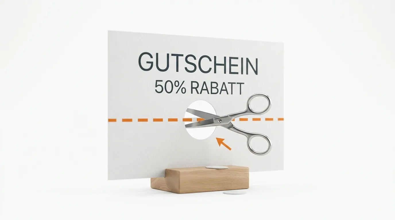 Gutschein „50% RABATT“ auf Holzständer, Schere schneidet entlang gestrichelter Linie