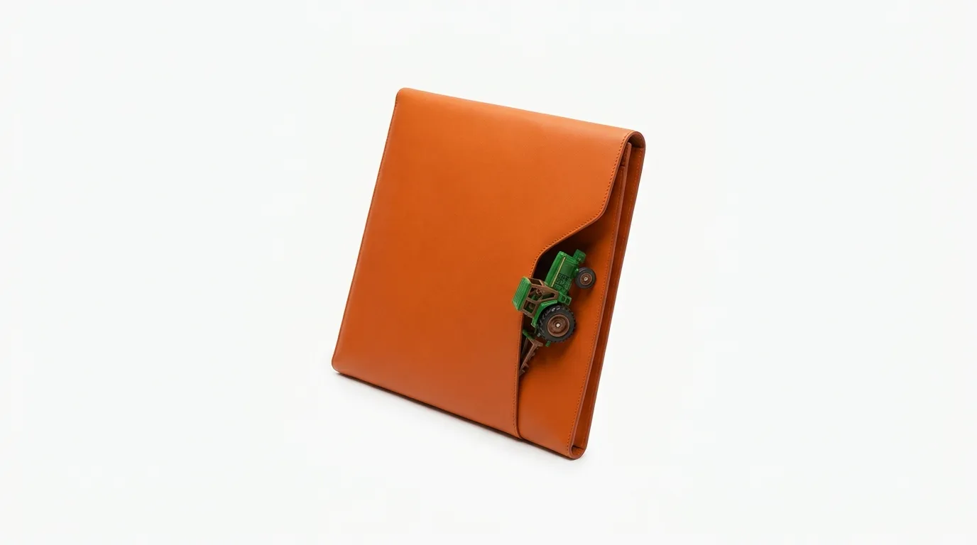 Orangefarbene Laptophülle mit Traktor in der Tasche