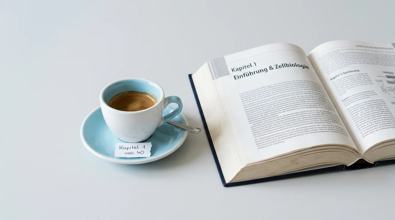 Aufgeschlagenes Buch über Zellbiologie neben einer Kaffeetasse mit Notizzettel