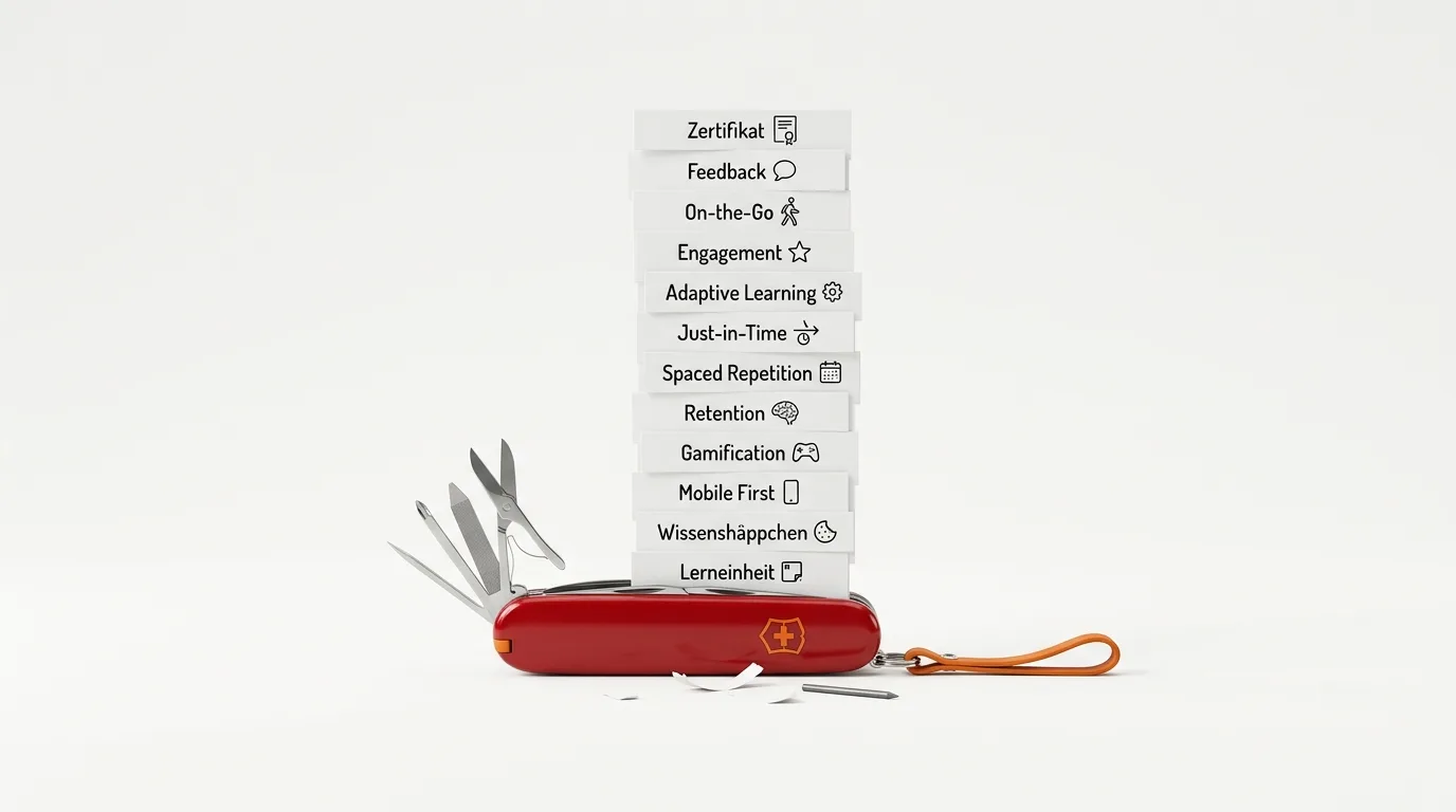 Schweizer Taschenmesser mit aufgeklappten Tools und Lern-Icons