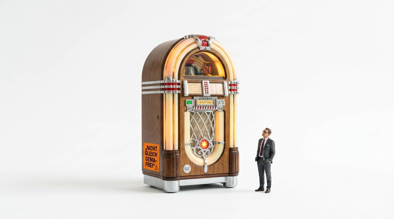 Kleine Jukebox und winziger Mann im Anzug daneben, auf weißem Hintergrund