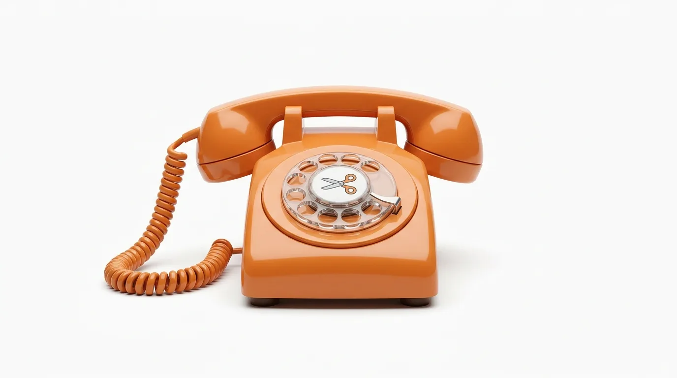 Orangefarbenes Wählscheibentelefon mit Scheren-Symbol in der Mitte, auf weißem Grund